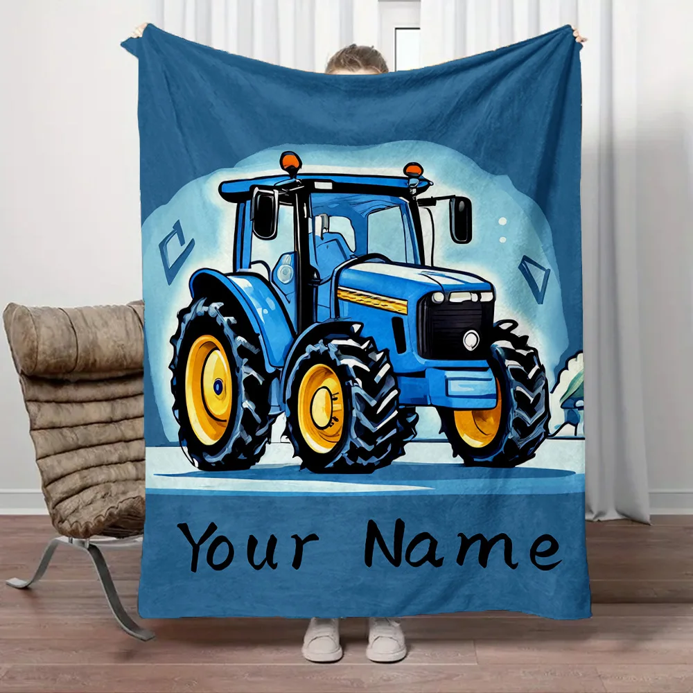 Custom name agricultural tractor printed flannel blanket,soft，all-season home、office decoration，suitable for bed、sofa、camping