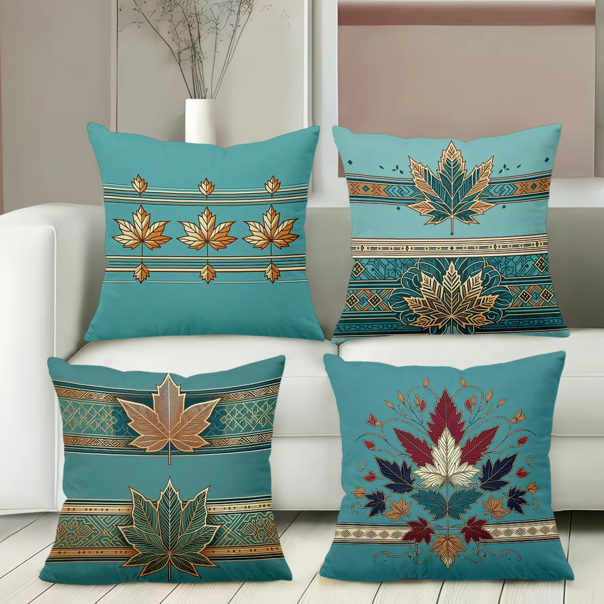 

2D flat printing Teal Pillows with Maple Leaf Patterns Polyester pillowcase sofa decorative cushion cover