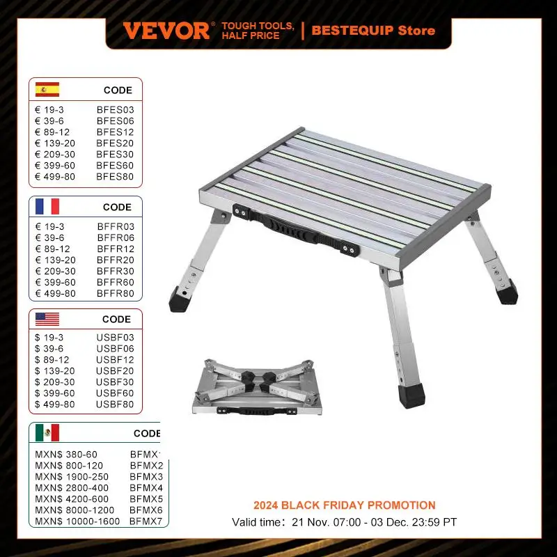 VEVOR RV Steps Aluminum Alloy Folding Platform Step Adjustable Height Portable Step Stool with Anti-Slip Surface Rubber Feet