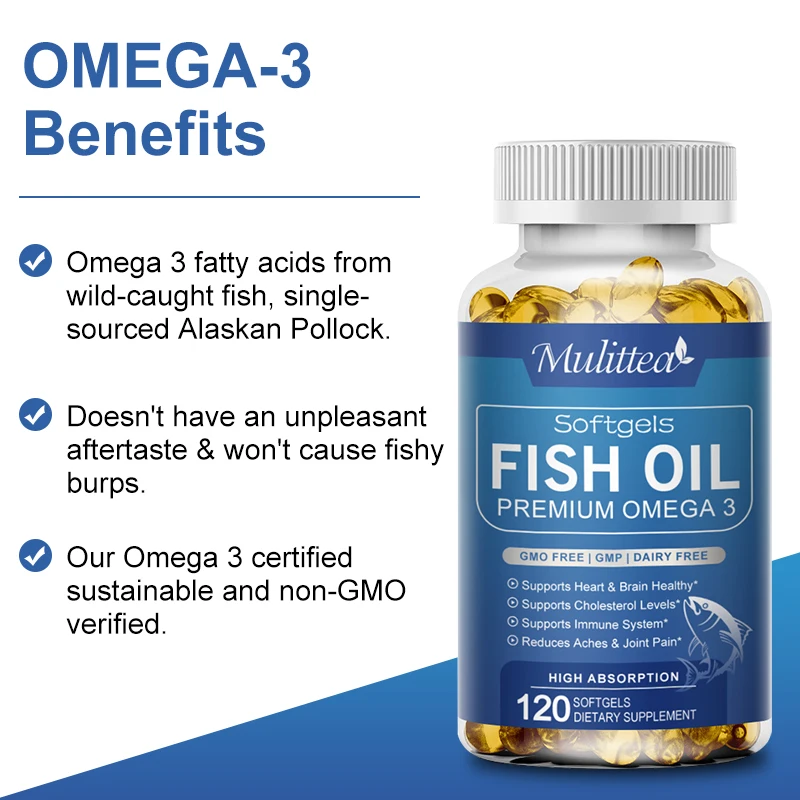 Mulittea Omega 3 Deep Sea Fish Oil For Joints Skin Eyes Heart Brain Health Immune System Cognitive Function Non-GMO Gluten Free