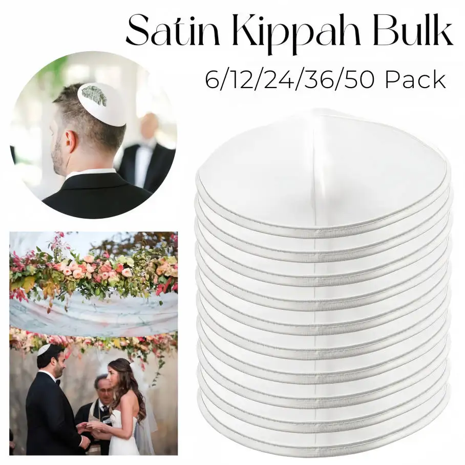 6-50Pcs Satin Kippah Jewish Kippot Bulk White Yarmulke with Silver Edge Shabbat Wedding Favors for Groomsman (15CM 5.9INCH)