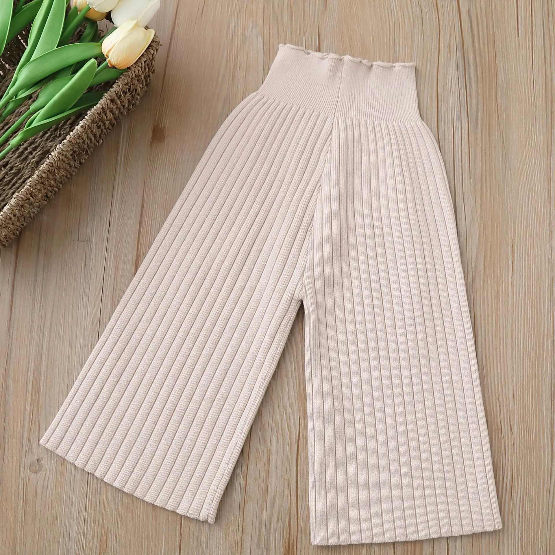 Pantalones de pierna ancha de punto para niños y niñas, suéter coreano, pantalones casuales, pantalones sueltos a rayas, nuevo, Otoño, 2023