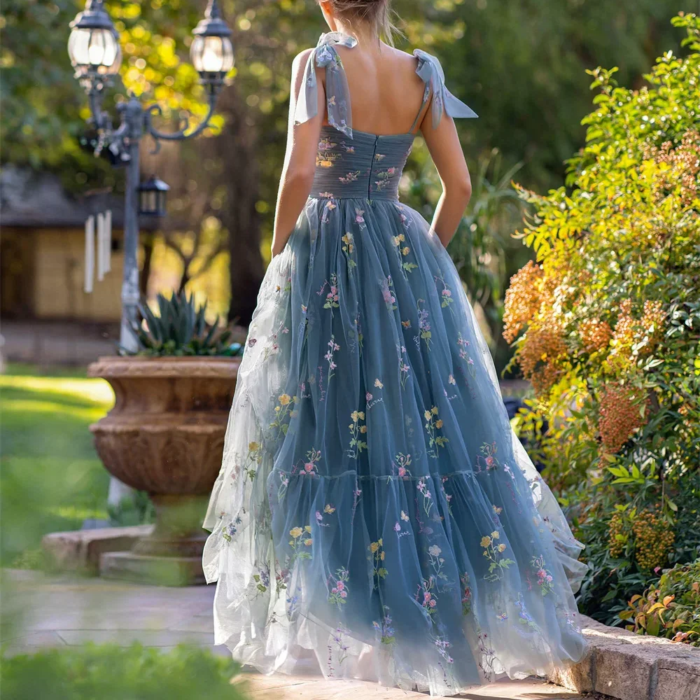 Robes de soirée en tulle pour femmes, appliques de fleurs gracieuses, bretelles spaghetti, A-ligne, longueur au sol, robe de soirée formelle, éducatif