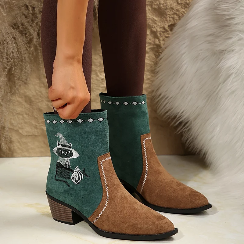 National Style Embroidery Women\'s Pointed Boots 2024 Autumn New Patchwork Lady Boots Pu Leather Slip-On Thick Heel Short Boots