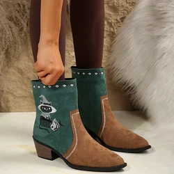 National Style Embroidery Women's Pointed Boots 2024 Autumn New Patchwork Lady Boots Pu Leather Slip-On Thick Heel Short Boots