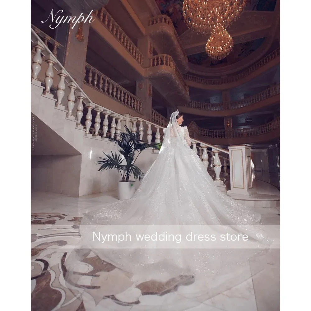 Elegant V Neck Sequined Beaded Wedding Dresses Women Long Sleeve Bridal Gowns Customized  Luxury Ball Gown vestidos de noiva