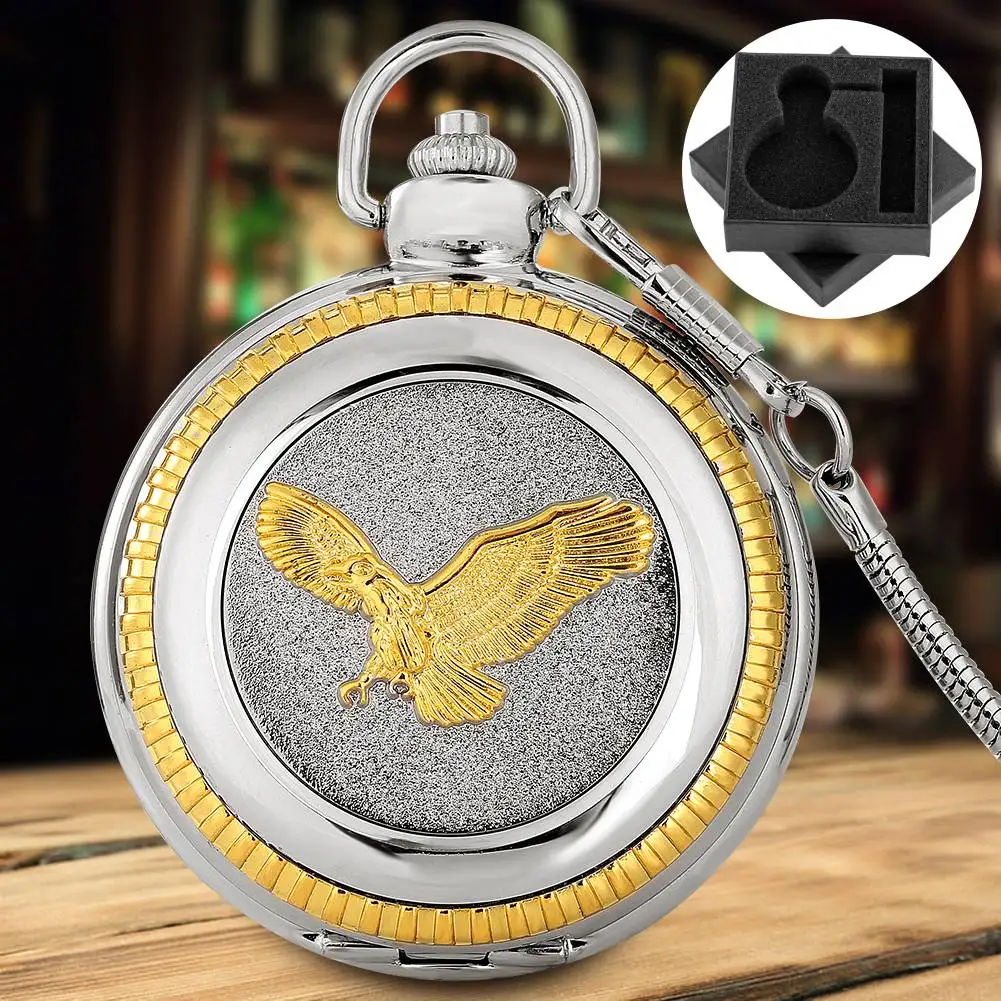 

Винтажные модные карманные часы с золотым орлом, серебряной цепочкой-подвеской, кварцевым механизмом и классическим циферблатом с римскими цифрами