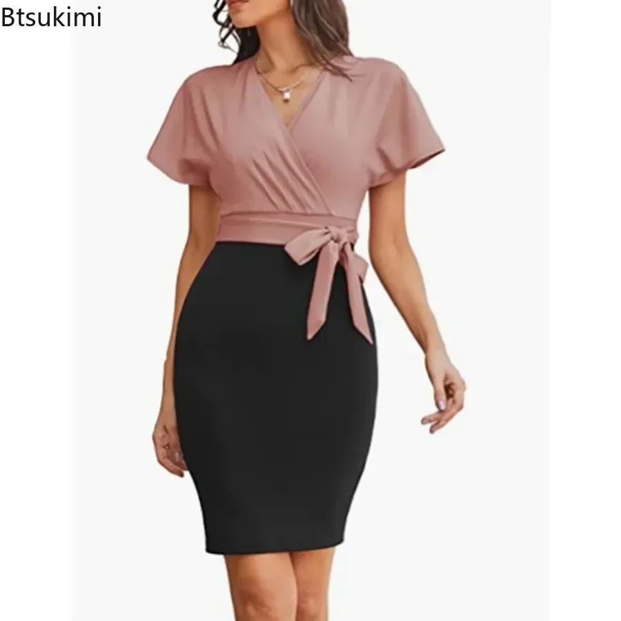 

2024 Summer Office Ladies Commuting Dresses Women's Fashion Colorblock Sexy V Neck High Waist Lace Up Dress Ladies Pencil Dress