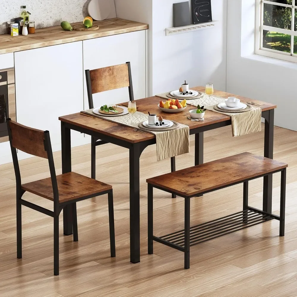 4 Pieces Dining Table Set, 43.3 inch Kitchen Table Set for 4, Dining Set with 2 Chairs and Bench with Storage Rack