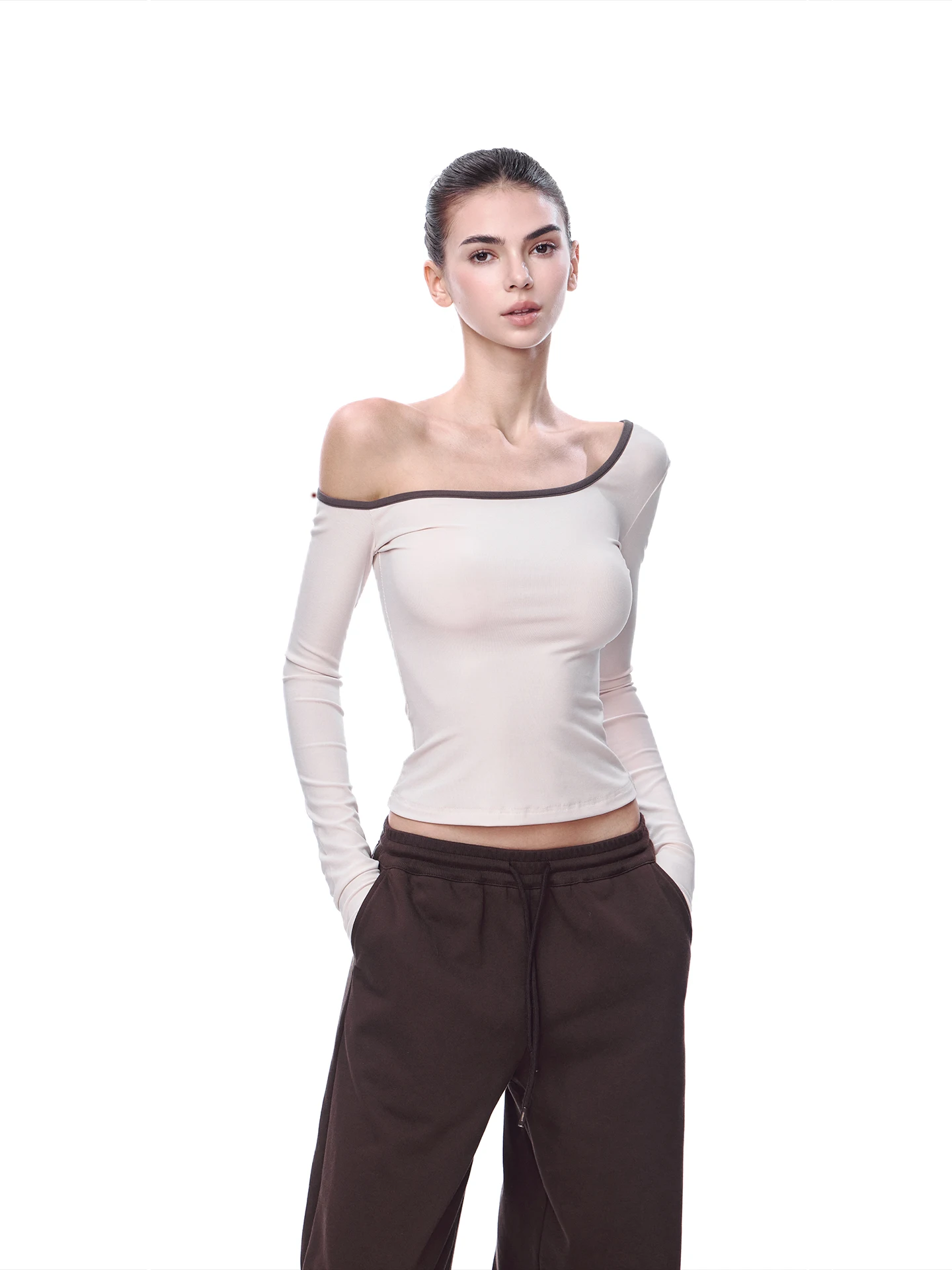 

JLAUNT Pink Long Sve T-irt Women's Slim Fit oulder Bared Base Layer American Hot Girl Sle Knitted Soft round Ne ...