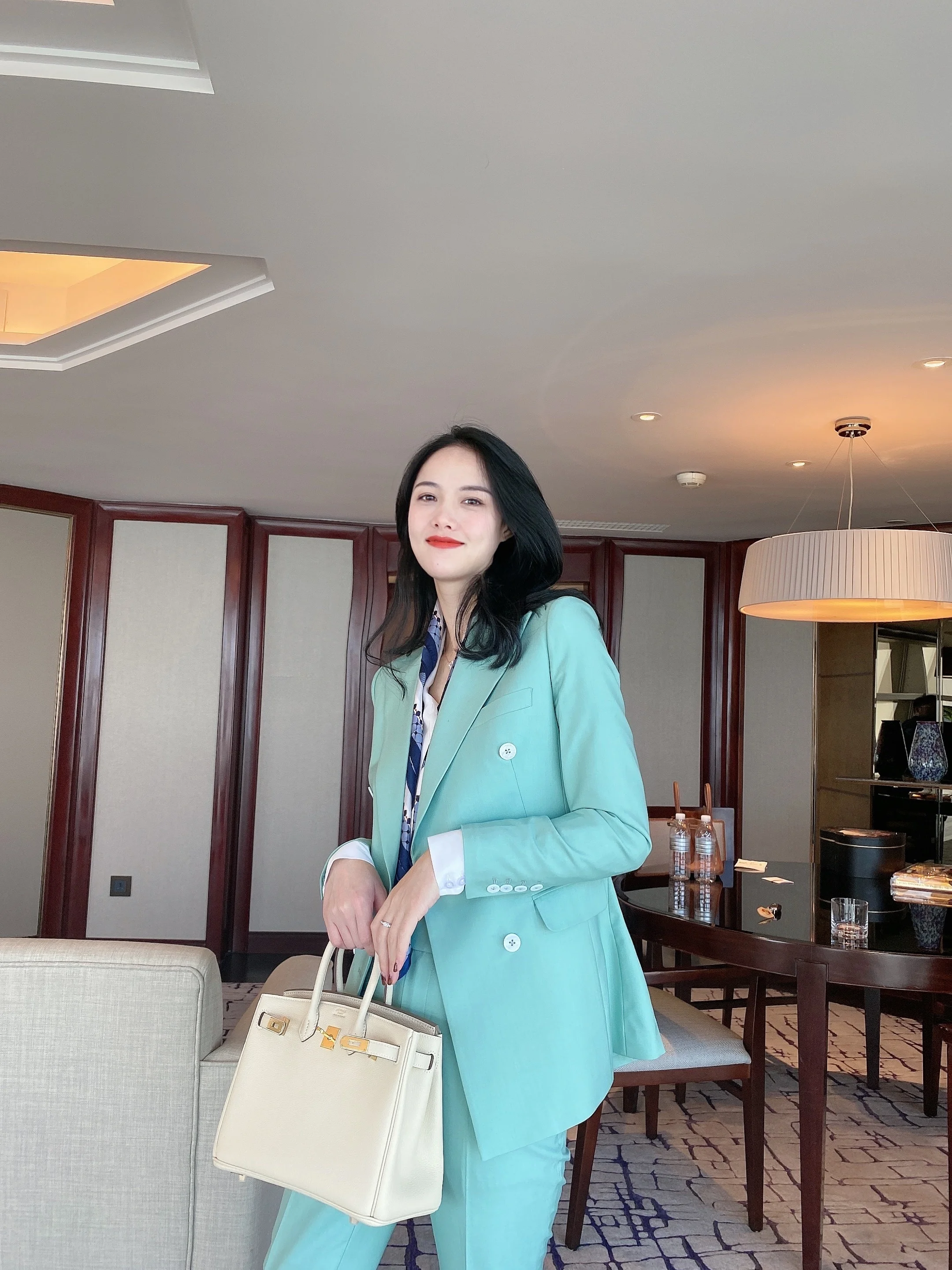

Slim Fit Lake Blue Double Breasted Fashionable Women's Suit Set for Conferences Original Design Pure Color Long Sleeve Regula...