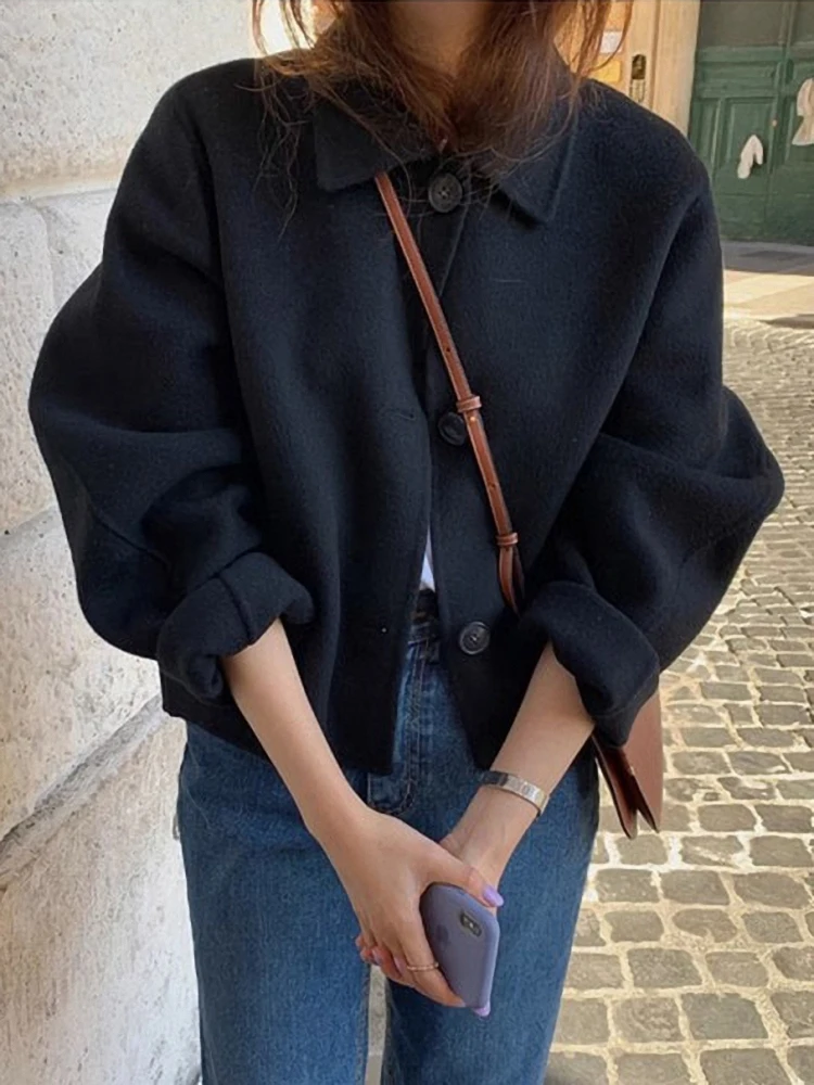 Spring Women's Fashion Loose Retro College Style Short Woolen Jacket Casual Versatile Chic Korean Version  Collar Coat