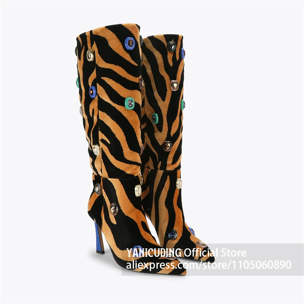 Tiger Stripe Velvet Gem Embellished Knee Boots Multicolor Rhinestone Animal Print Pointed Toe Fashion Boots Gem High Heel Boots image 3