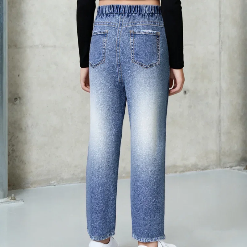 2025 Daily Casual Street Style, Girls' Unicorn Printed Imitation Denim Trousers, Elastic Waist Imitation Ripped Trousers
