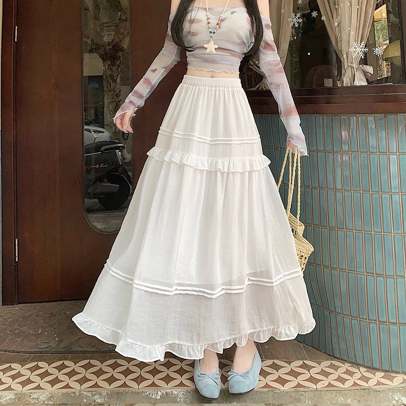 

Spring Summer Women High Waist Slim Long Skirt Korean Style Sweet Edible Tree Fungus Patchwork Big Hem Solid Color Cake Skirt