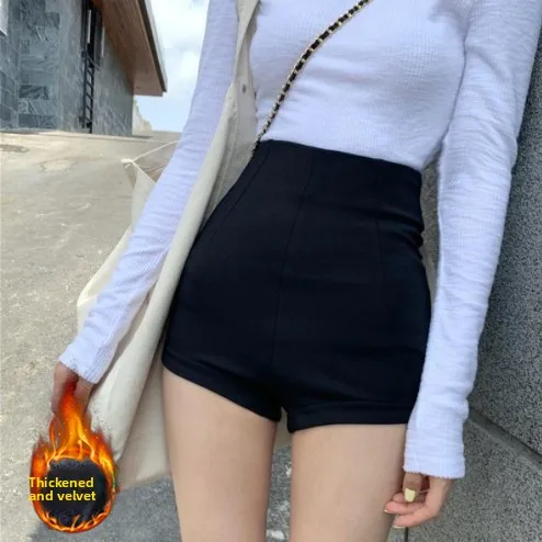 High Waist Fleece Lined Dance Boot Shorts Women's Tight Fit Autumn Winter Fashion Korean Style Outerwear Bottoming Pants