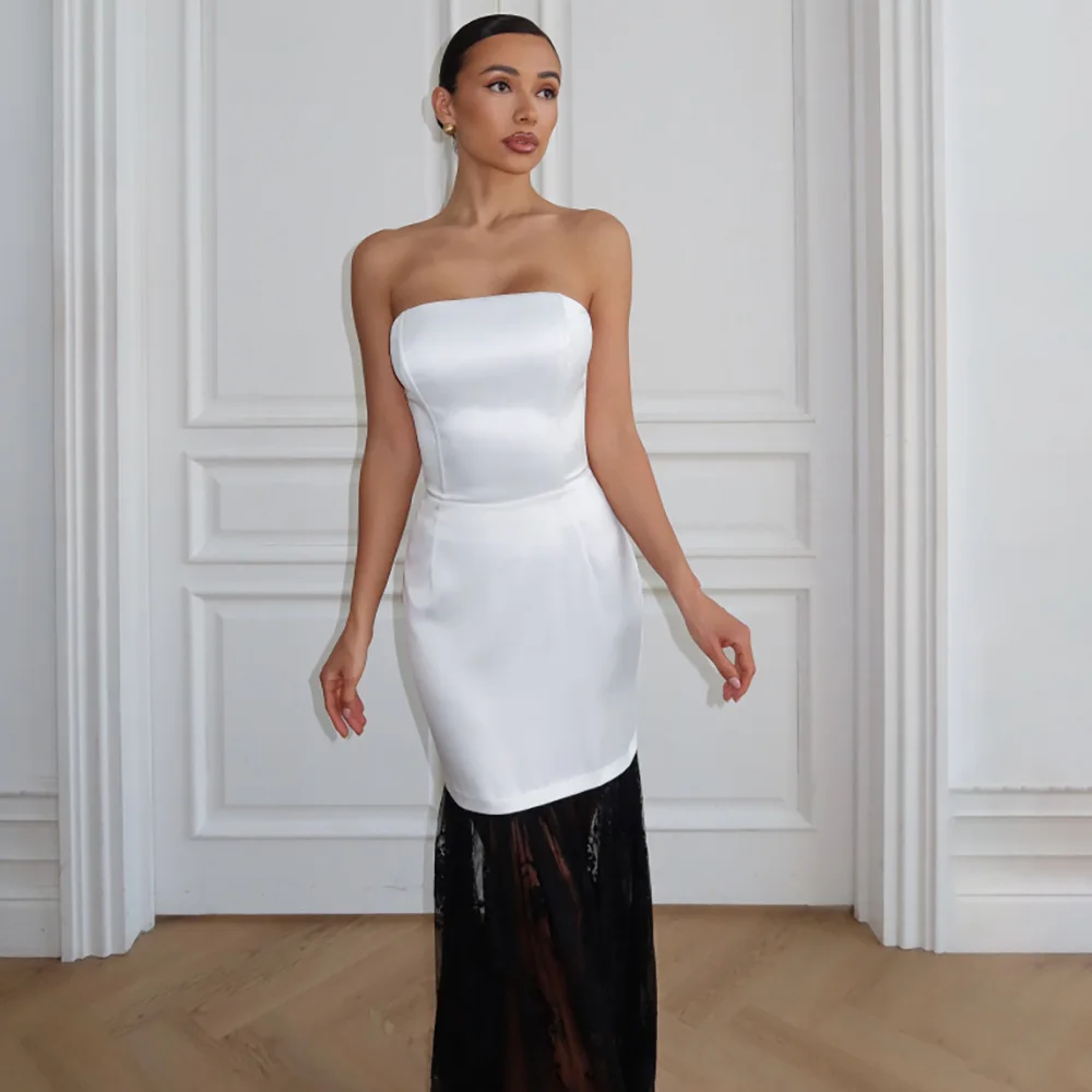 

Sexy Strapless Dress With A High-End Feel Fashionable Elegant Lace-Spliced Backless Dress With Straps Satin Lace Fabric Woman