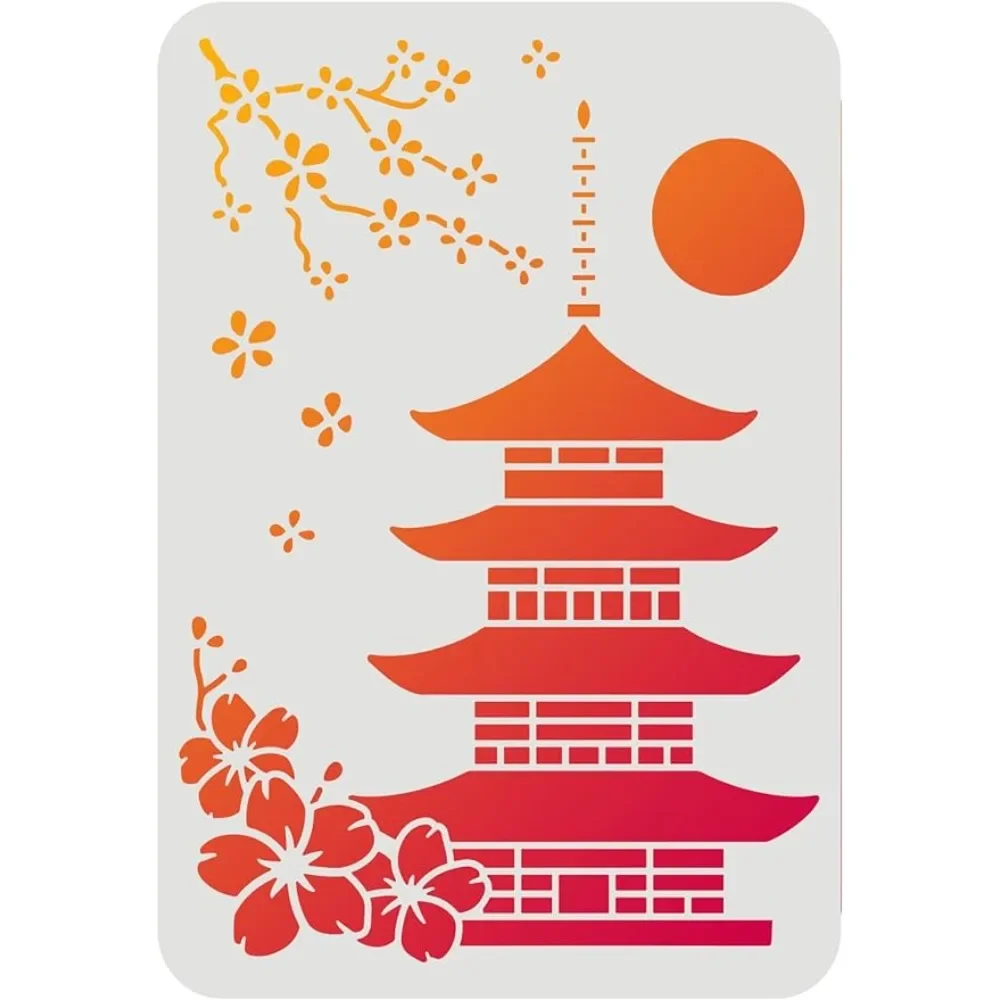 Tower Stencils 11.7x8.3 inch Plastic Flowers Ancient Tower Drawing Painting Stencils Cherry Blossom Tower Sun Pattern Wall