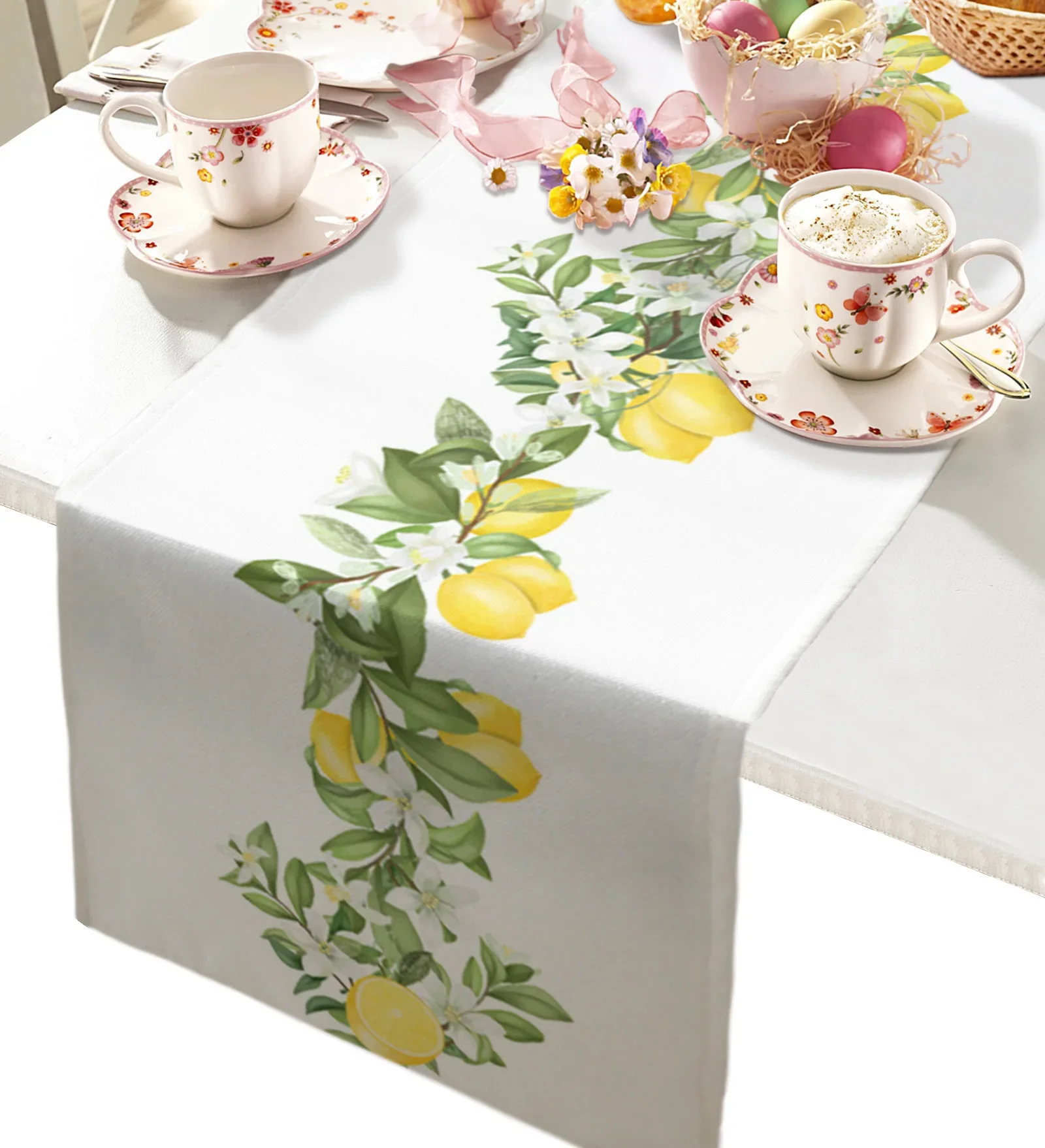 Summer Lemon Leaves Flowers Linen Table Runner Kitchen Table Decoration Farmhouse Dining Table Cloth Wedding Party Decor