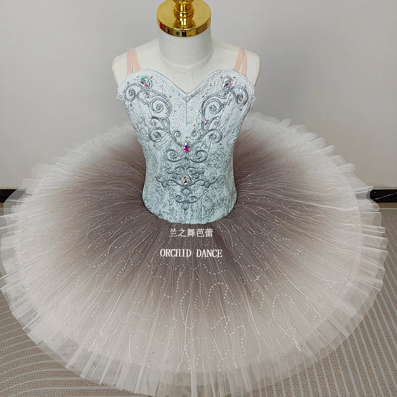 Womens Thin Strap Heart Neck Ballet Tutu Performance Dress Silver Line Scroll Rhinestone Embroidery Light Gray Gradient Fine Gli