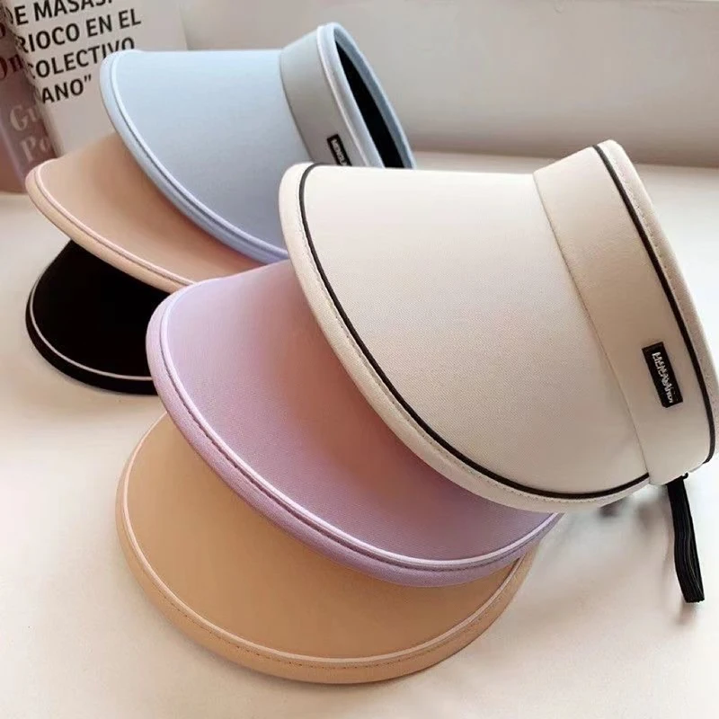 New New Women Roll Up Visor Wide Brim Hat Summer Foldable Packable UV Protection Empty Top Ponytail Cap Beach Travel Bonnet