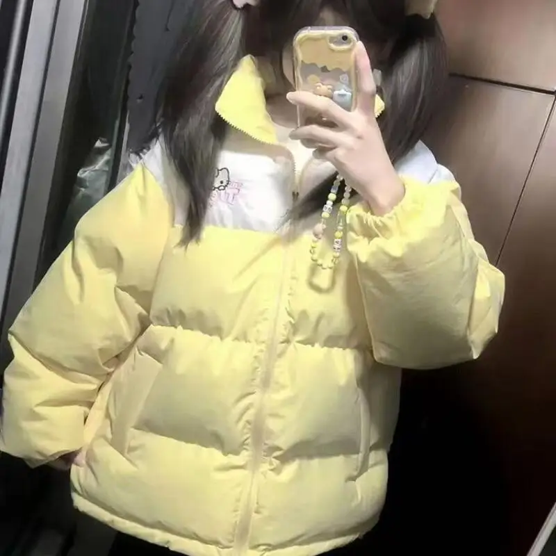 Cappotto in cotone con giunture ricamate Kitty Cat Ragazza Kawaii Cuore Dolce e carino Autunno e inverno Nuova giacca calda allentata creativa