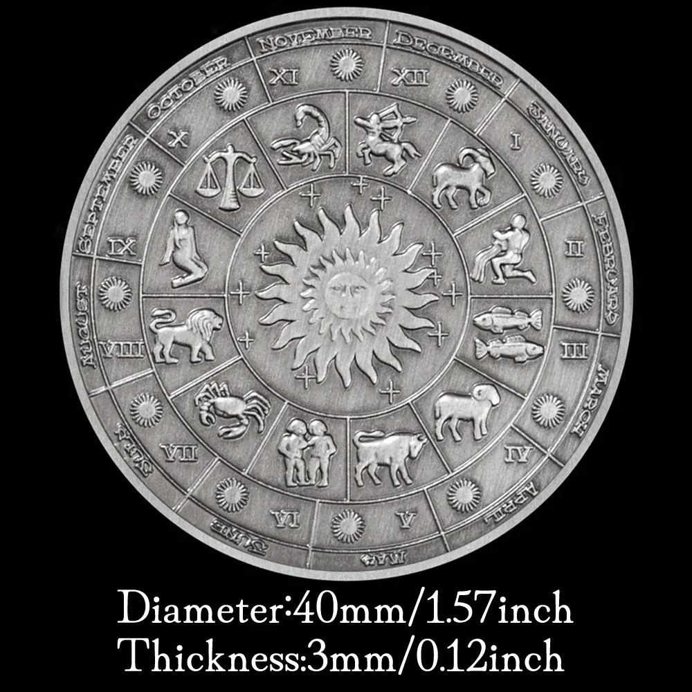 Ancient Silver 12 Signs of The Zodiac Commemorative Coins Lucky Collectible Coins Gemini Medallion Home Decoration view 5