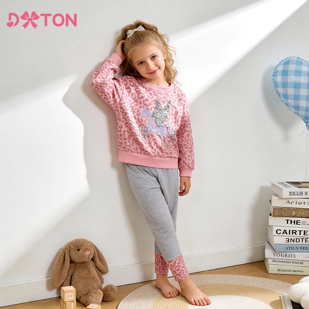 DXTON Kinder 2-teiliges Set, Kinder-Leggings, Frühling und Herbst, Baumwolle, Mädchen-Kleidungsset, Pailletten-Einhorn, lässiges Oberteil und Hose für Kleinkinder