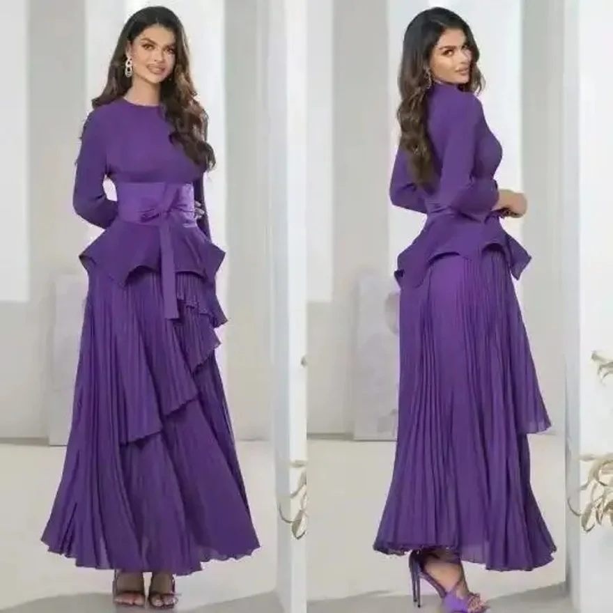 

Miyaki Pleated Women's Two-Piece Set Irregular Top + Skirt + Belt, Round Neck Long Sleeve Pleated Skirt Long Skirt Plus Size Slim Fit Waist-Cinching Elegant Socialite Daily Party Gathering