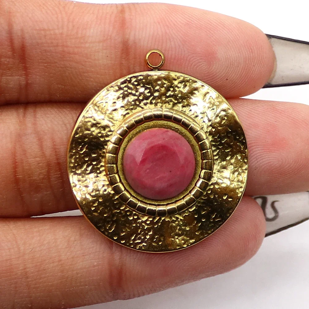 Disk‑shaped Natural Crystal  Forged‑surface Metal Frame Ridged Trim Inlaid Cut‑stone Eye‑catching Bohemian Charm for Custom