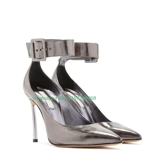 

Lady pointed toe sliver grey PU high heels buckle strap meatl pumps sliver heel new arrive runway high heels shoes size 35-46