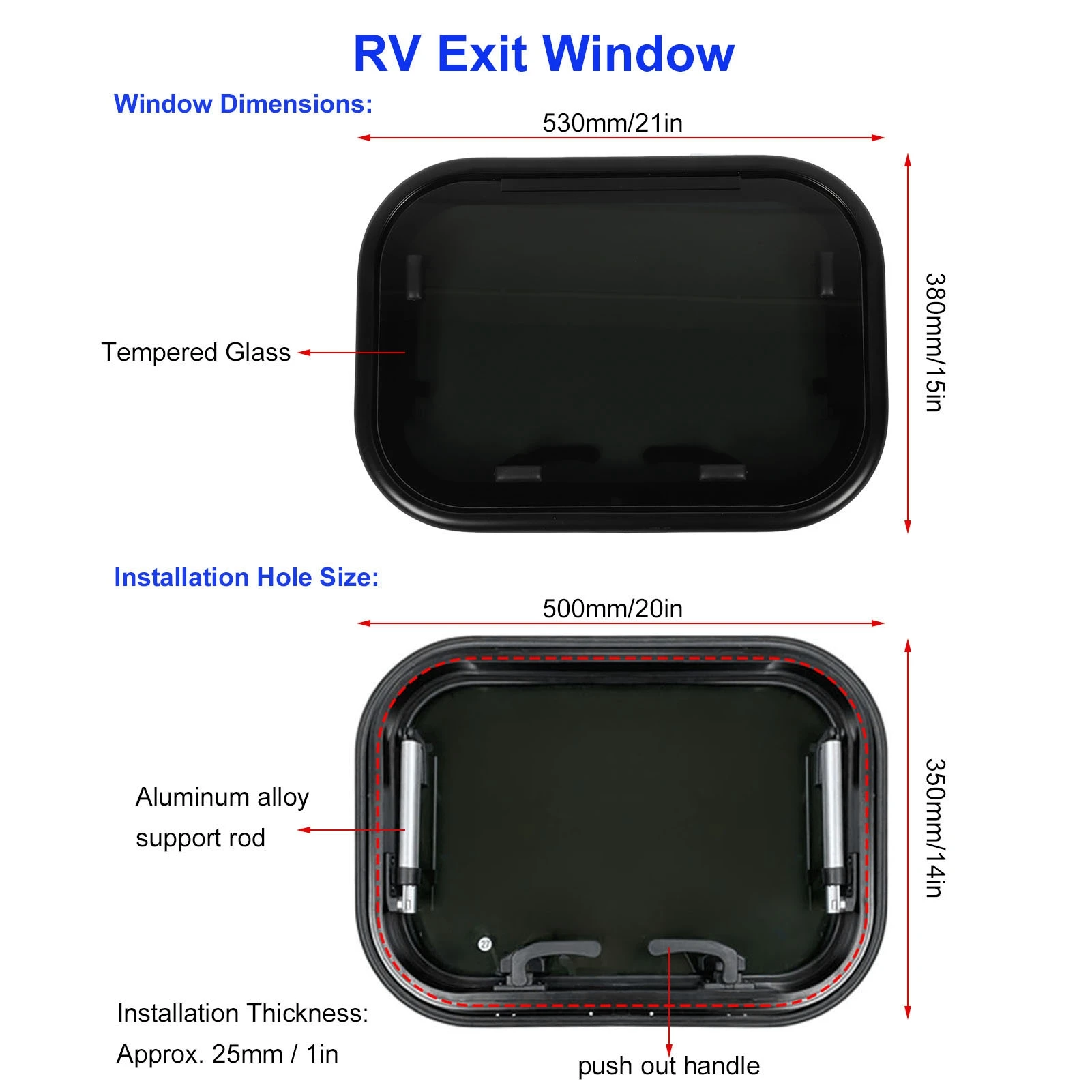 500x350mm/20x14in RV Window Rounded Corner Push Out Window Aluminum Alloy Frame Tempered Glass for Campers Construction Vehicles