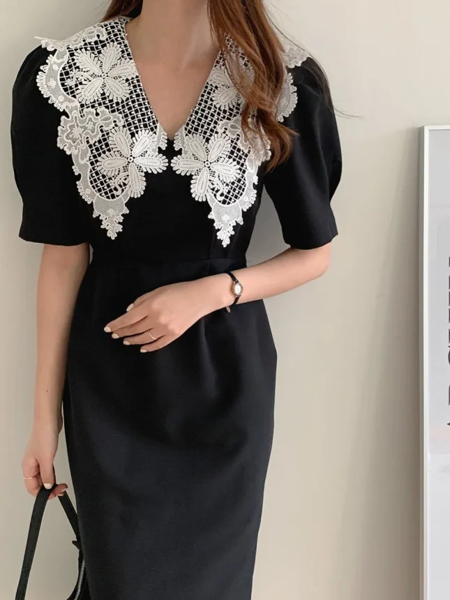 

Hebe Sle Lace Bubble Sve Dr Women Summer New Retro Waist-Cinched Bodycon Long Dr Turn-down Collar Commute Pattern ...
