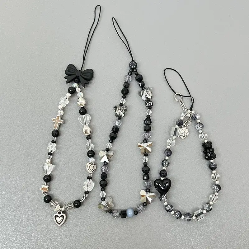 

Korean Cute Black Bow Clear Flower Star BeadedPhone Chain Silvery Love Heart Pendant LanyardFor iPhone Anti-Lost Hanging Rope