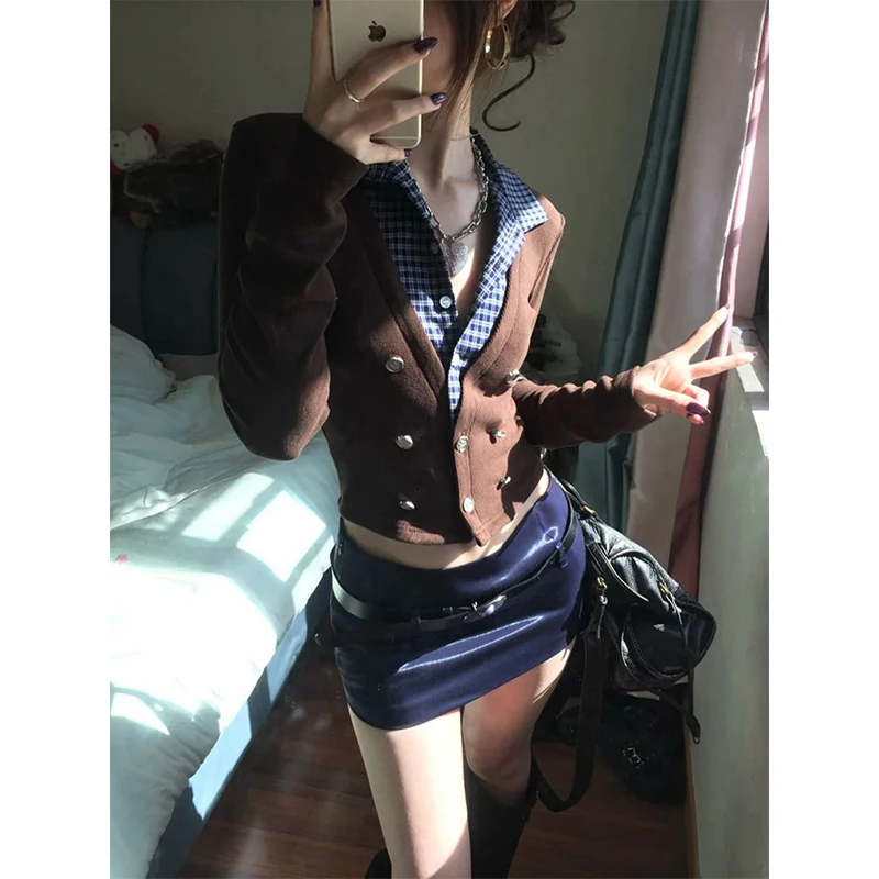 MEXZT Y2K اقتصاص سترة مشغولة من الصوف المرأة منقوشة المرقعة سترة ملابس خارجية Harajuku خمر تريكو الشتاء Gyaru سليم لاعبا