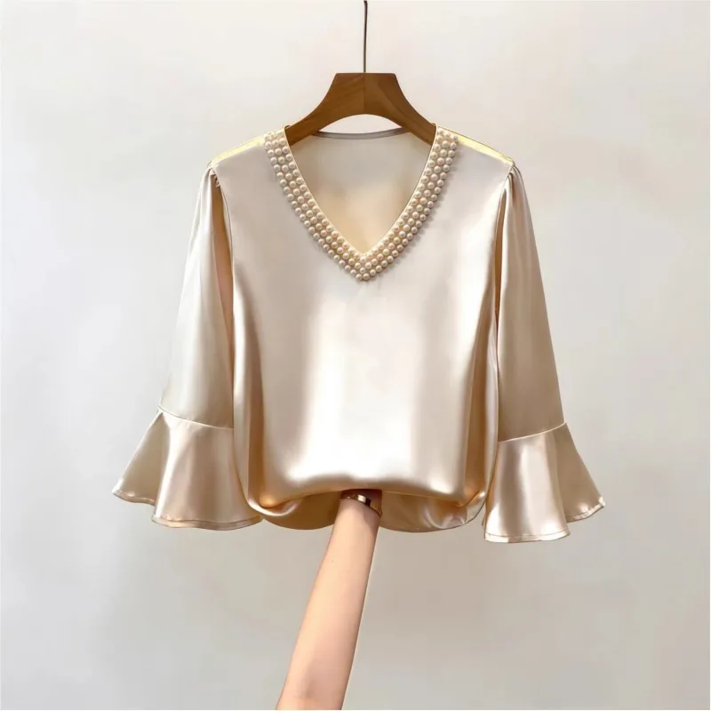 

Elegant Satin Shirt for Women 2026 Spring Bead Design Flared Sleeves Silk Blouse Women Fashion V-Neck Loose Pullover Tops