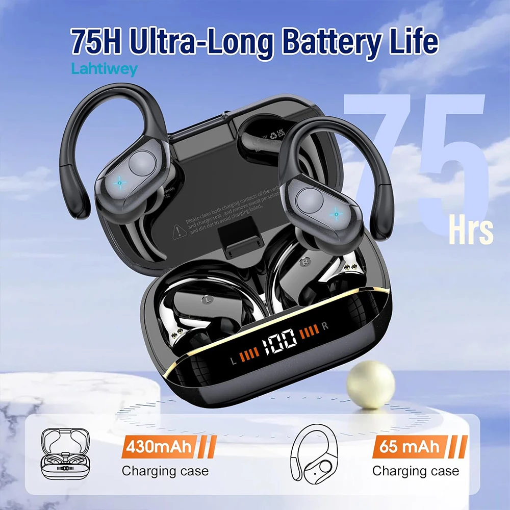 Écouteurs sans fil Bluetooth 5.4, micro de réduction du bruit et du bruit de haute qualité, autonomie 75 heures, affichage de la puissance, écouteurs étanches IPX7
