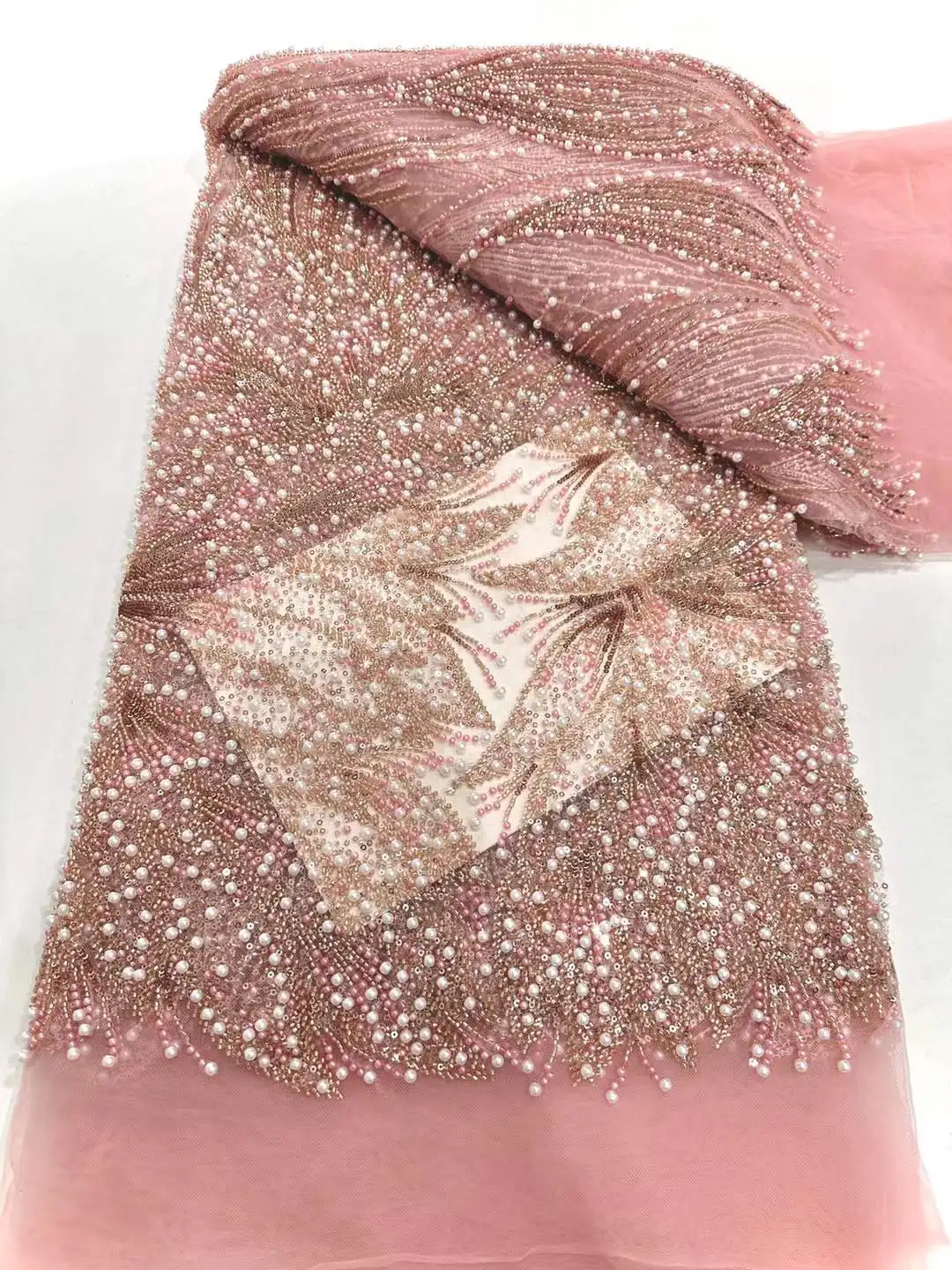 

Luxury Hand Beaded Lace Fabric Bridal Fabric High-end Wedding Fabrics French Nigerian Sequins Beads Embroidered on Tulle 5 Yards