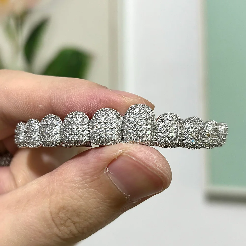 RACHELZ 10/10 Iced Out CZ Stone Teeth Grillz Hip Hop Shiny Zircon Tooth Caps For Women Men Jewelry Halloween Gift