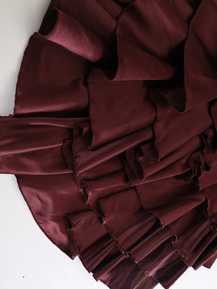 [EAM] High  Waist Wine Red Irregular Ruffles Elegant Cake Half-body Skirt Women Fashion Tide New Spring Autumn 2024  1DH7827