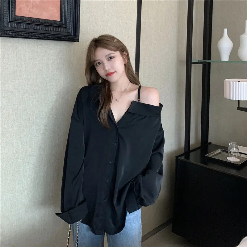 Long Sleeve Shirts Women Off Shoulders Skew Collar Asymmetrical Streetwear Solid Simple Stylish Leisure Sexy Trendy Korean Style