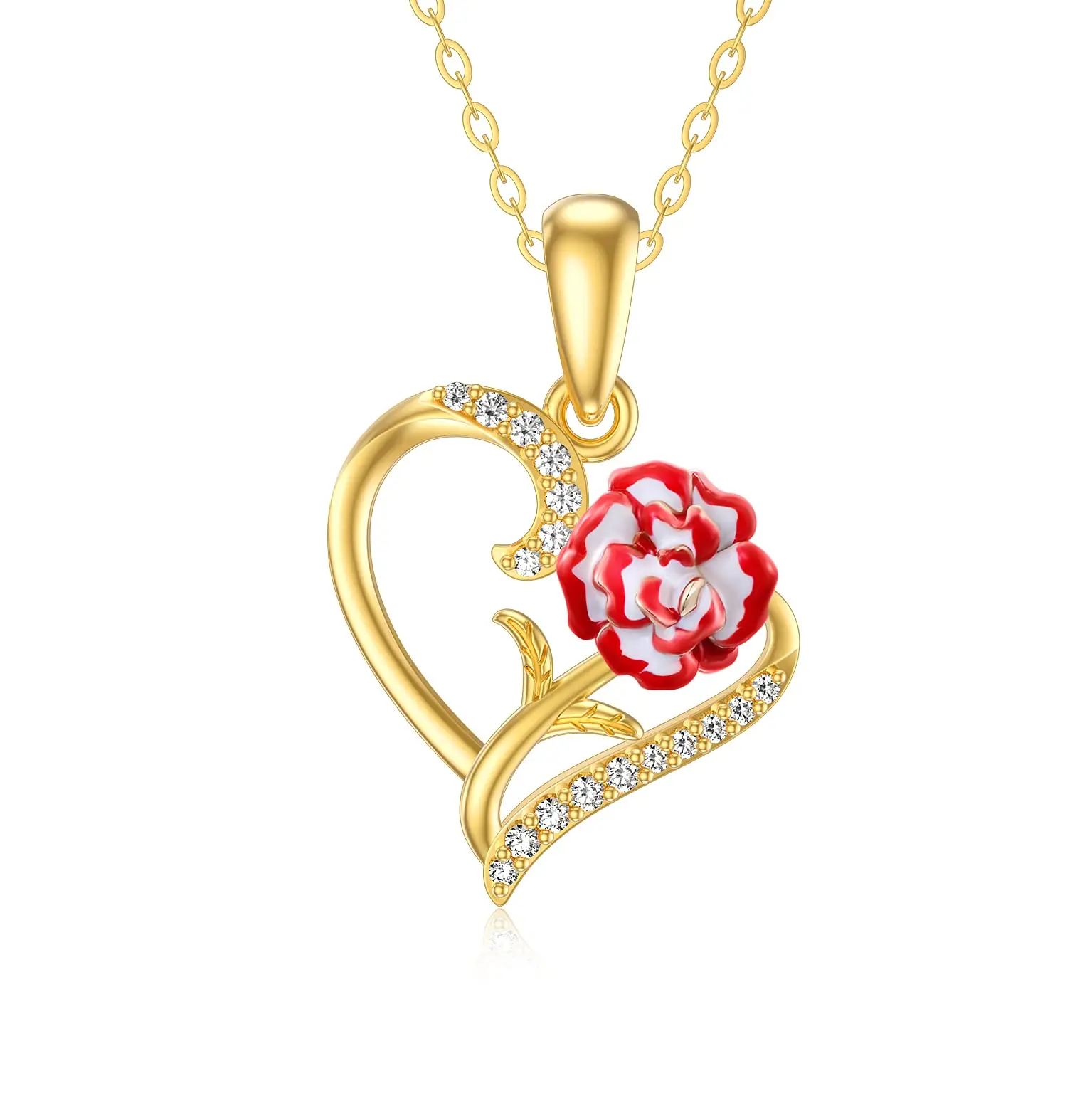 

YFN 14K Solid Gold Heart Pendant Necklace for Women Yellow Gold Carnation Flower Necklace 5A Cubic Zirconia Fine Jewelry Gifts