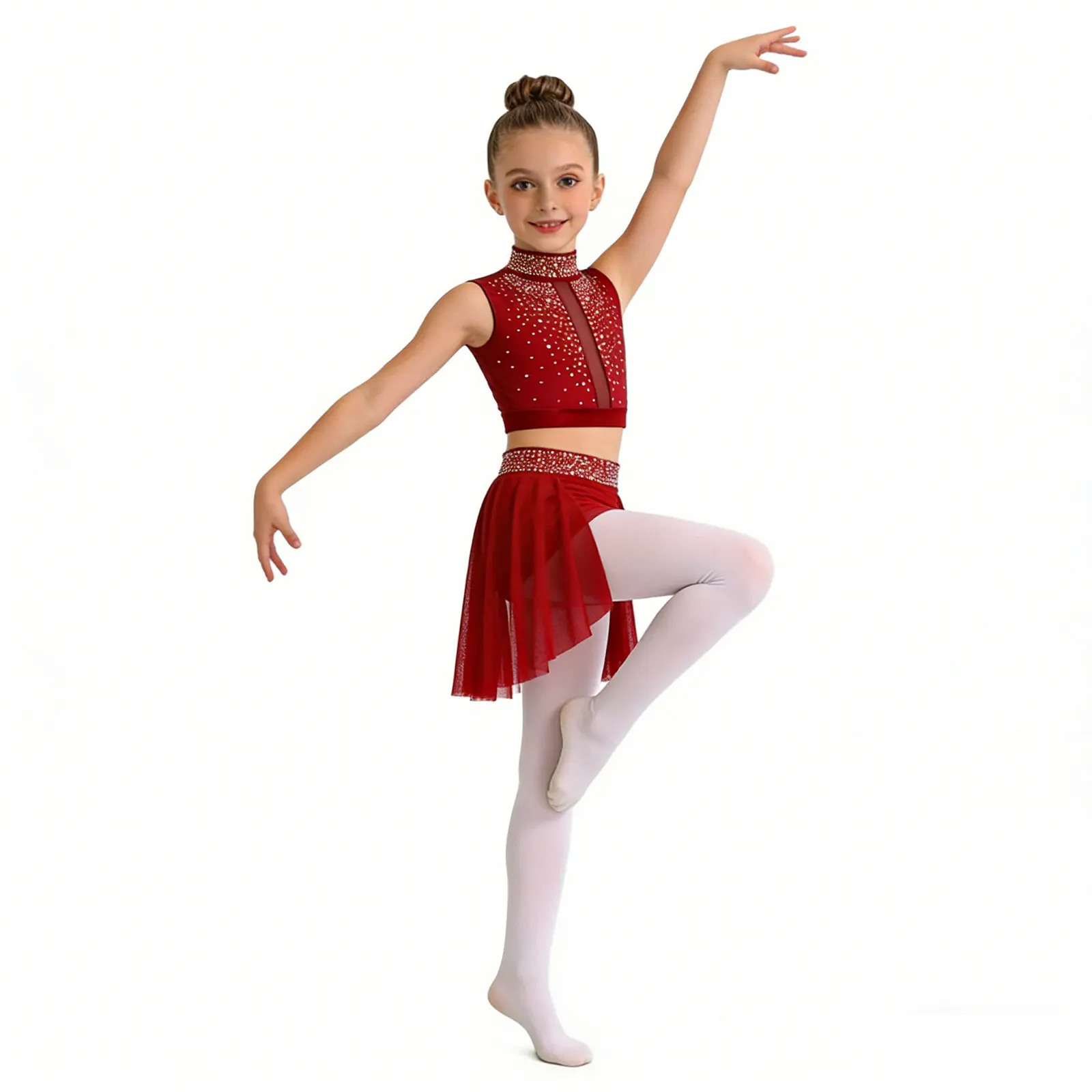 

Big Girls Modern Dance Suit Lyrical Dance Sleeveless Crop Top+Irregular Mesh Skirt Rhinestones Figure Skating Ballet Dancewear