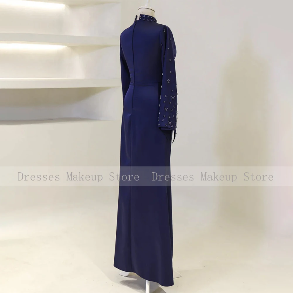 Luxury Wedding Party Dresses Navy Blue Satin High Collar Modest Formal Gowns Crystal Long Sleeves Mermaid Women's Evening Dress image 2
