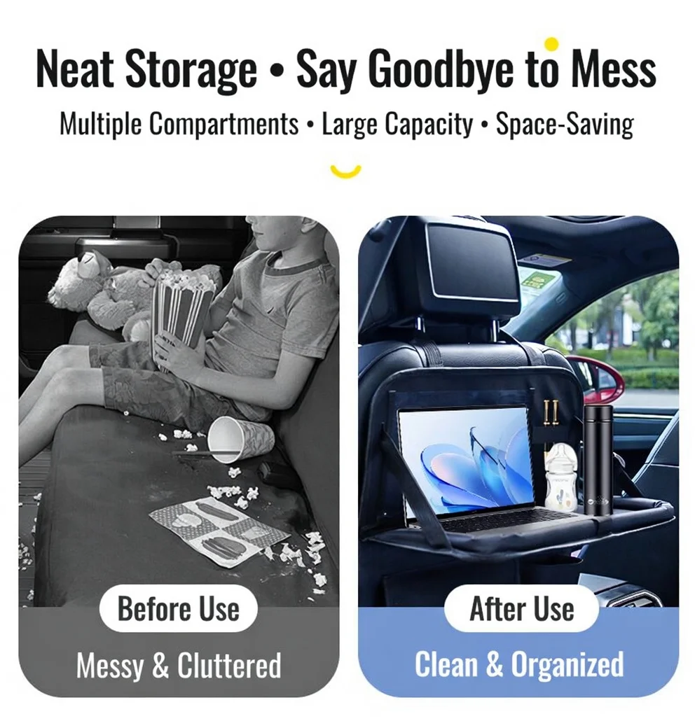 

Органайзер для автомобильного сиденья со складным столиком – многофункциональное хранилище для детей, напитков и ноутбука