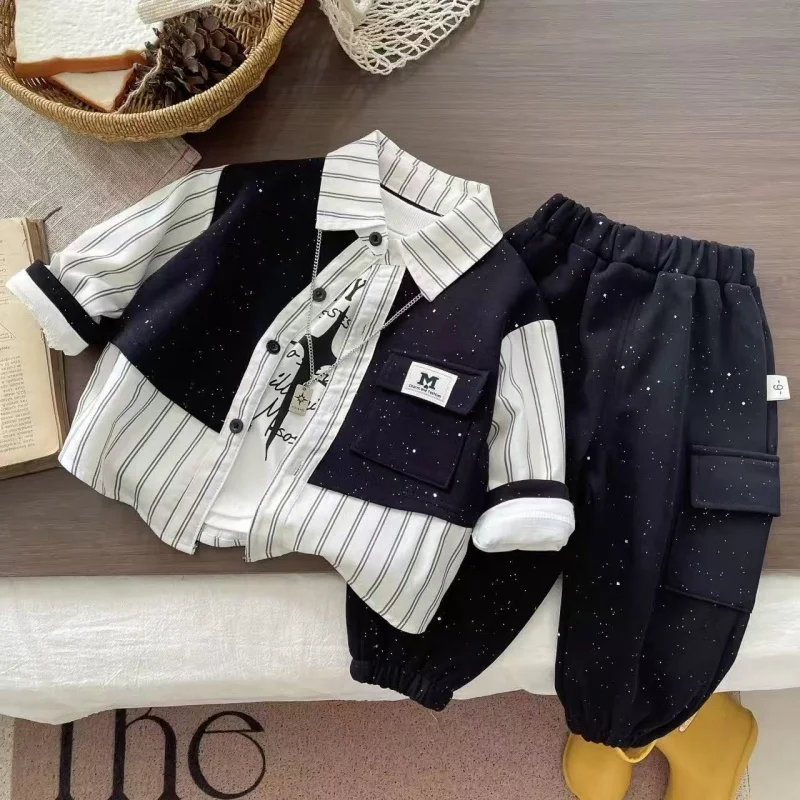 

Children's Shirt Set 2026 Spring and Autumn New Boys' Baby Long Sleeve Top Pants 3 Piece Set Children's Clothing Set