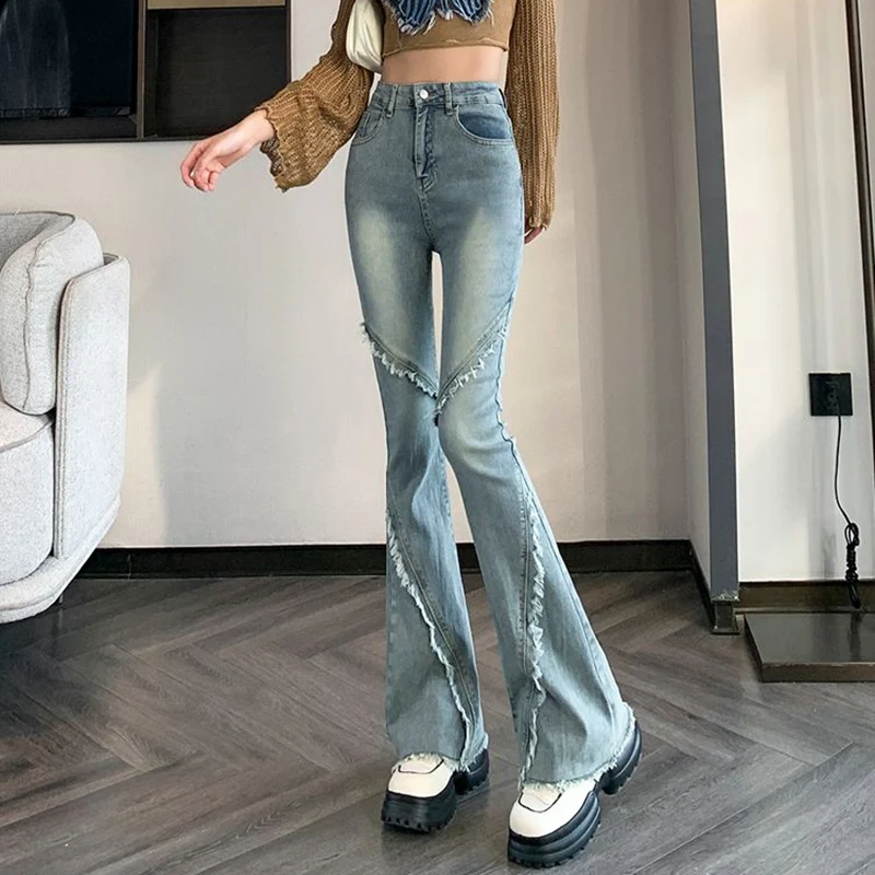 

2026 Hot Sale Girls Raw Edges Design Flared Jeans Women Retro Leisure Denim Pants Lady High Waist Straight Leg Trousers