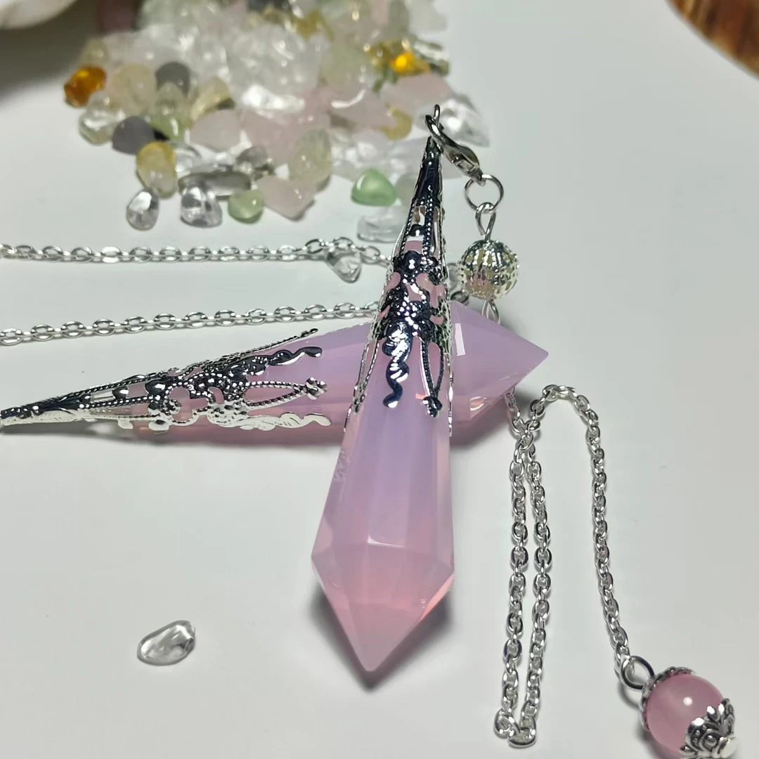 

High quality Natural stone pendulum for dowsing quartz Opalite pink opal pendulos sacred geometry healing crystals pendant 1pcs