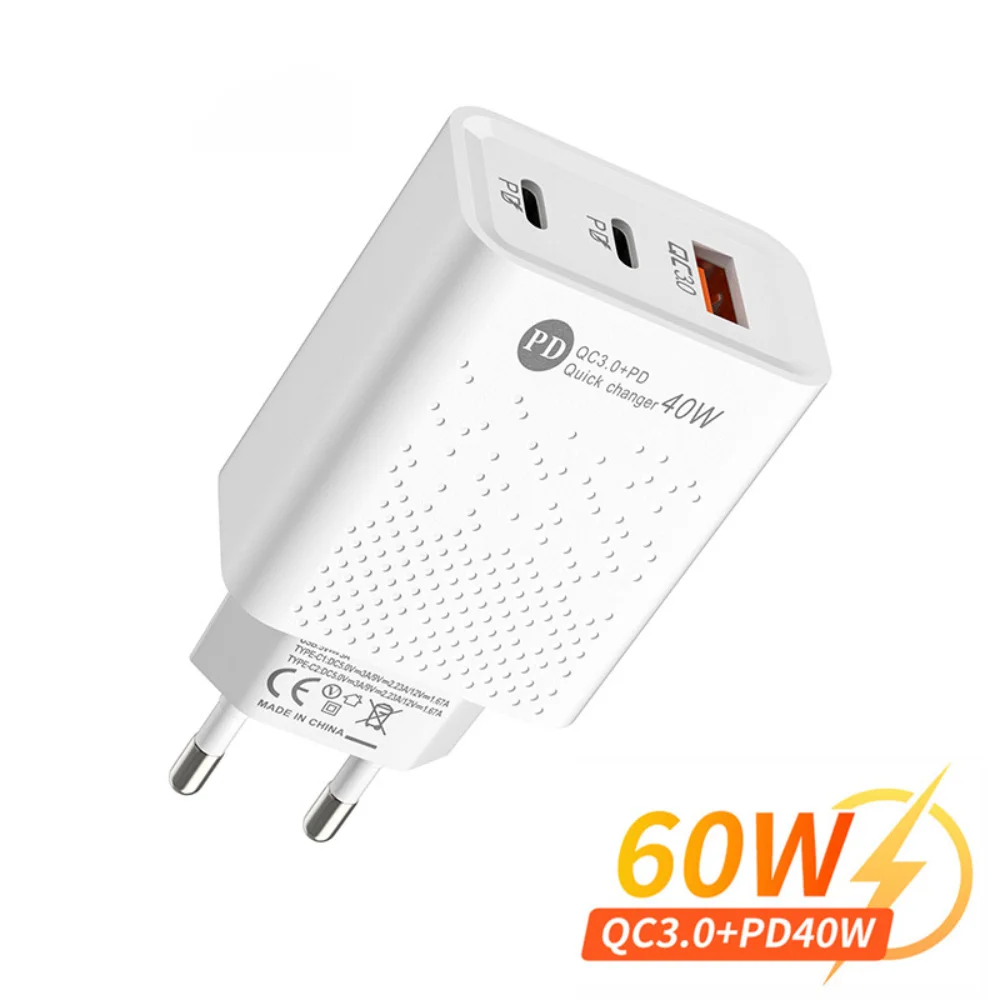 60W Phone Charging PD Fast Charging USB QC3.0 Multiple 3 Ports Type C Plug Mobile Phone Adapt for Xiaomi High Speed Wall Charger