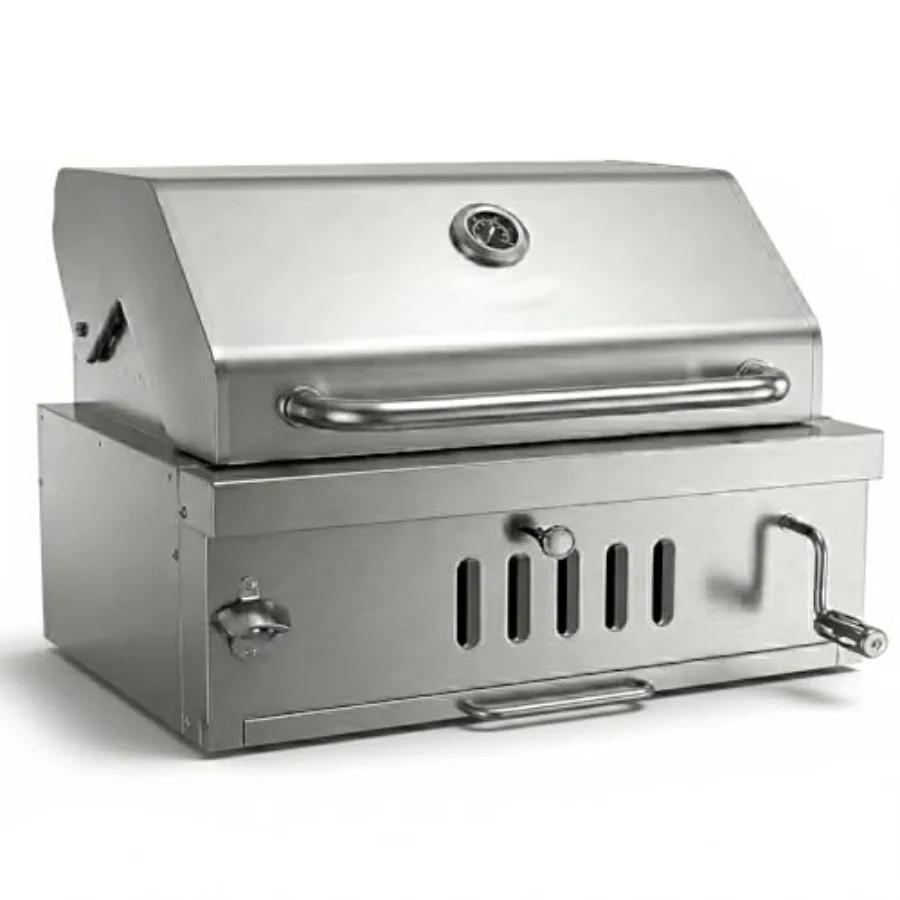 

Outdoor kitchen island charcoal grill: heavy duty stainless steel, black, liftable tray, insulated hood temp gauge for family p